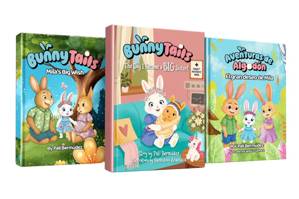 Three Bunny Tails hardcover children’s books by Pali Bermúdez in English and Spanish
