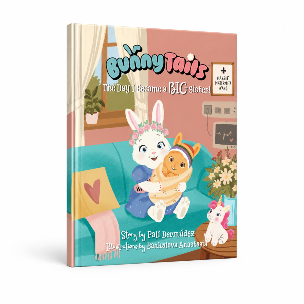 A three-dimensional hardcover mockup of The Day I Became a BIG Sister on a white background. The illustrated cover shows Mila, a white rabbit, holding her newborn baby brother while sitting on a turquoise couch.